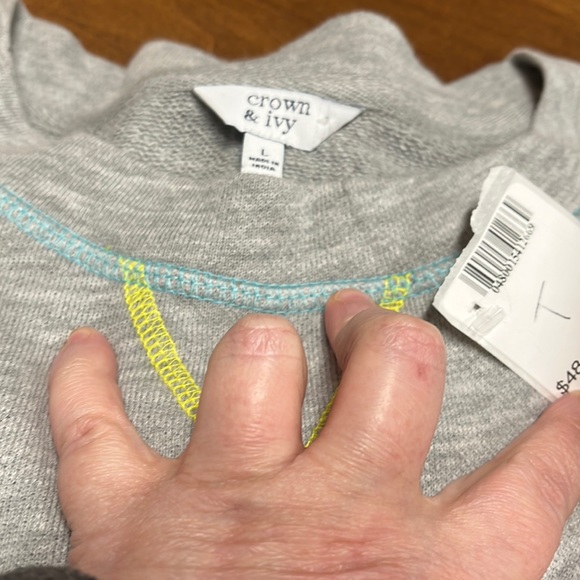 NWT Crown & Ivy Light Gray Sweatshirt with yellow, pink, and aqua stitching - Picture 4 of 6
